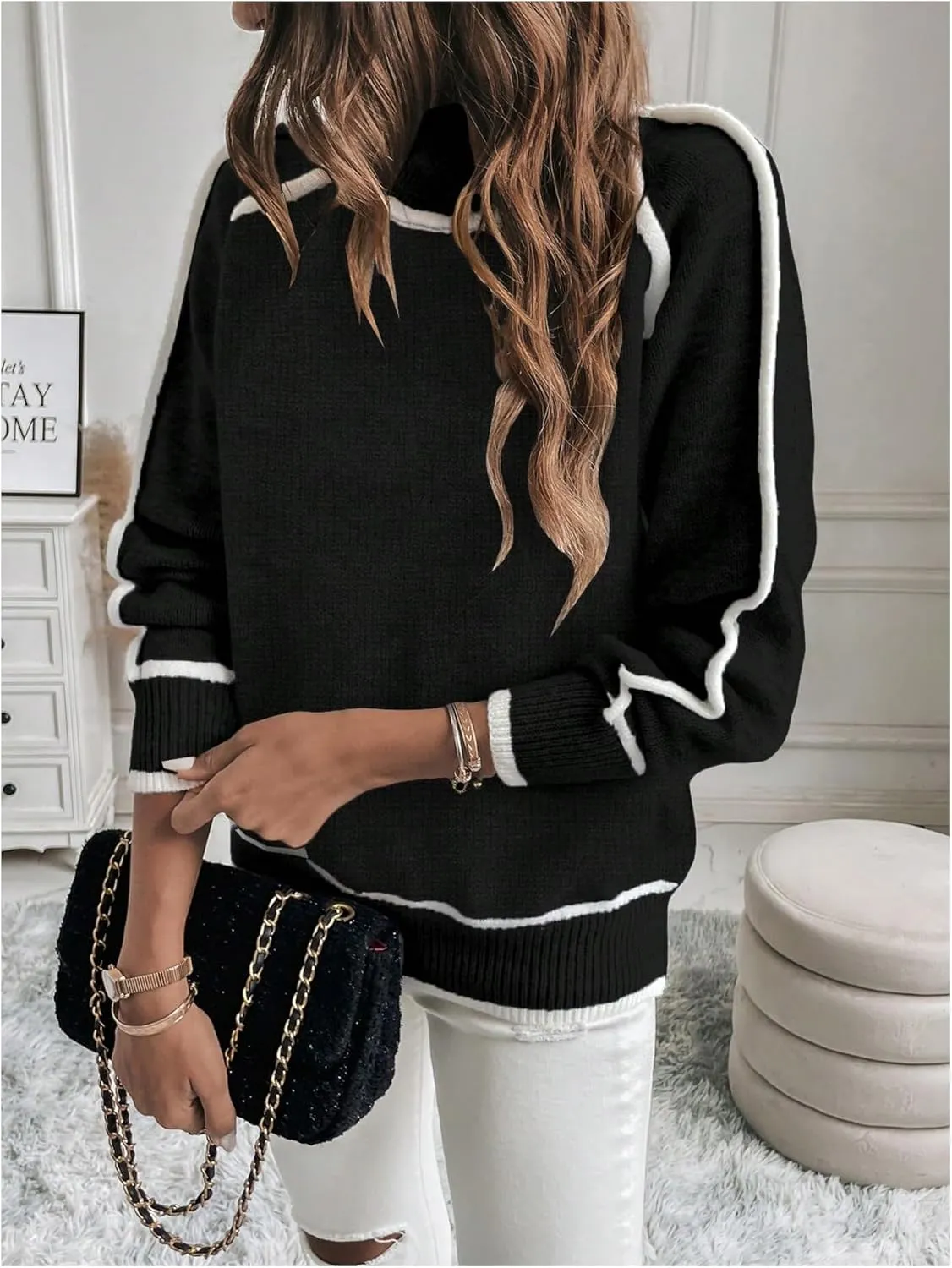 Women's Turtleneck Long Sleeve Sweater Casual Chunky Contrast Binding High Neck Pullover Sweater