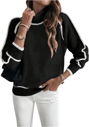 Women's Turtleneck Long Sleeve Sweater Casual Chunky Contrast Binding High Neck Pullover Sweater