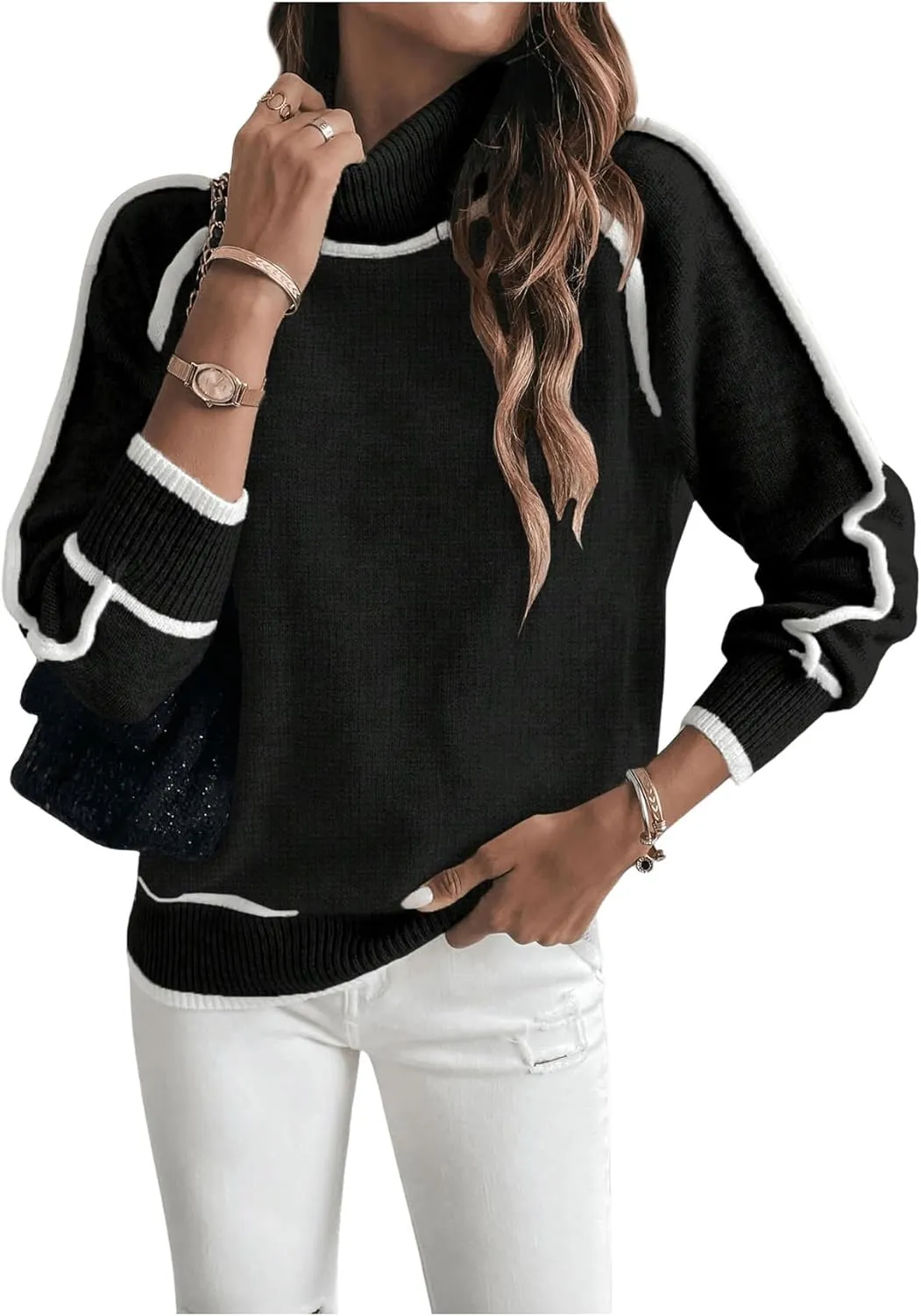 Women's Turtleneck Long Sleeve Sweater Casual Chunky Contrast Binding High Neck Pullover Sweater