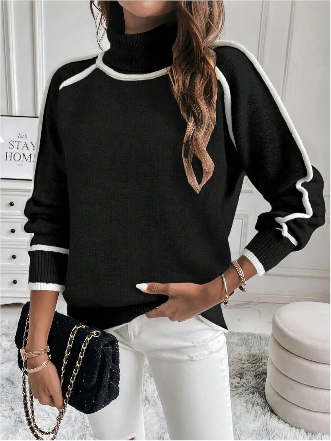 Women's Turtleneck Long Sleeve Sweater Casual Chunky Contrast Binding High Neck Pullover Sweater