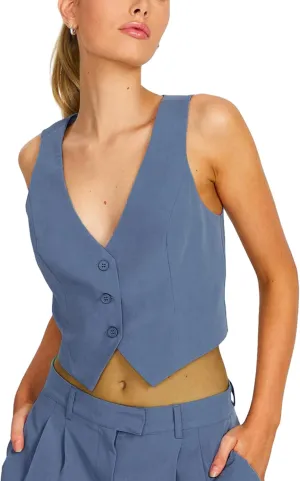 Women's V Neck Button Down Crop Vest Top Business Sleeveless Waistcoat Vintage Grunge Suit Vest Y2K Streetwear