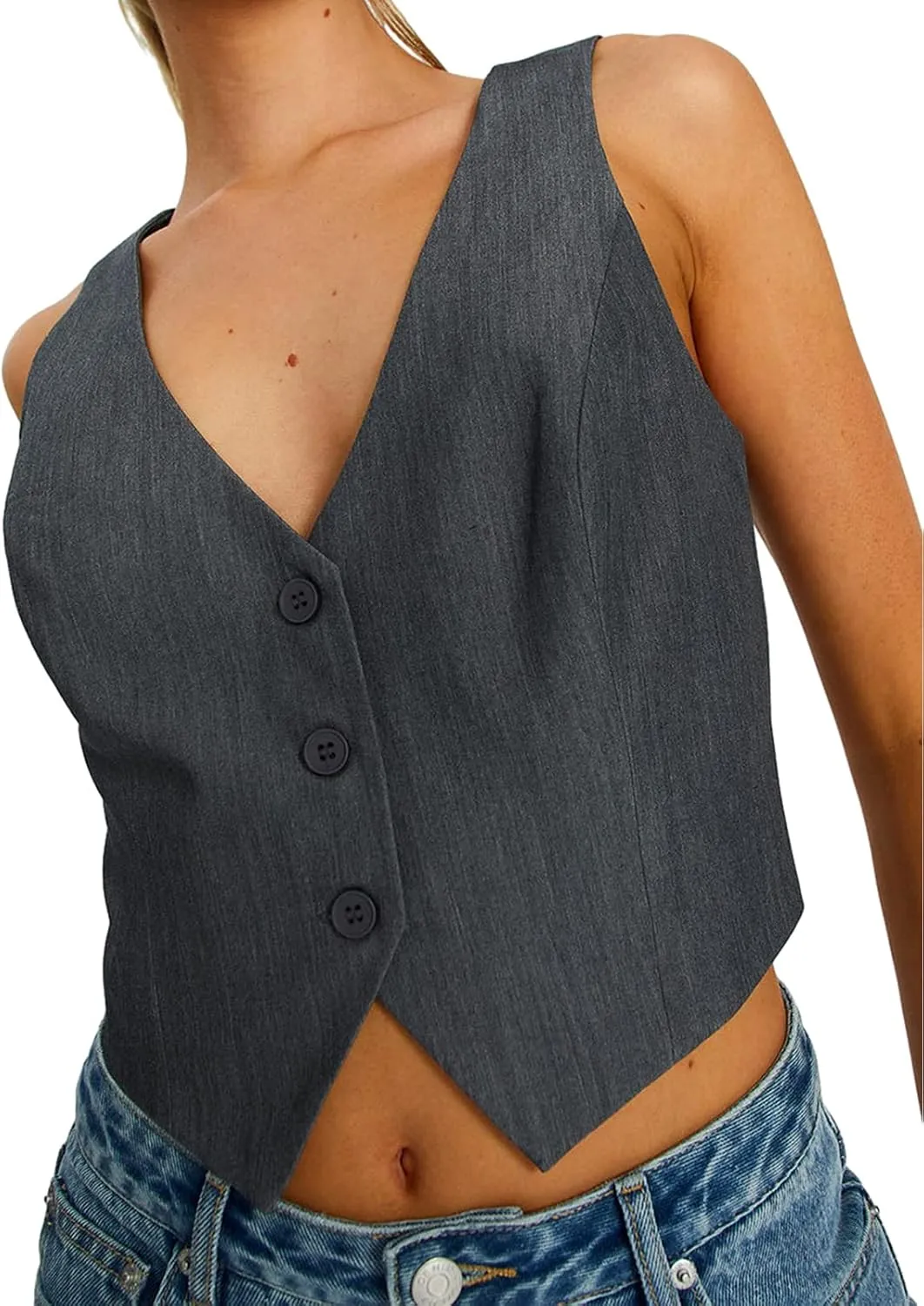 Women's V Neck Button Down Crop Vest Top Business Sleeveless Waistcoat Vintage Grunge Suit Vest Y2K Streetwear