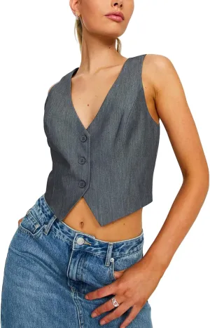 Women's V Neck Button Down Crop Vest Top Business Sleeveless Waistcoat Vintage Grunge Suit Vest Y2K Streetwear