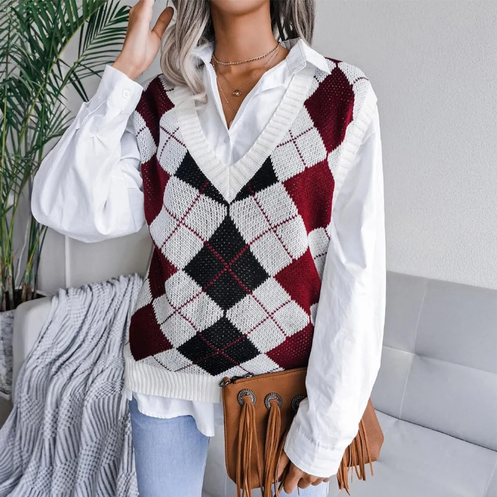 Women's V Neck Knit Sweater Vest Plaid Sleeveless Crop Knitwear Tank Pullover Top