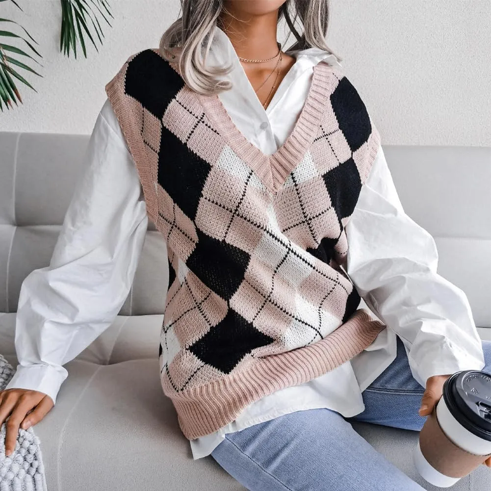 Women's V Neck Knit Sweater Vest Plaid Sleeveless Crop Knitwear Tank Pullover Top