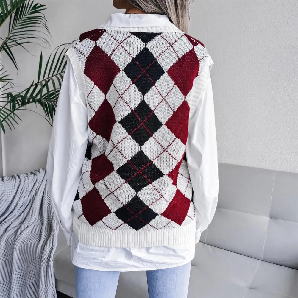 Women's V Neck Knit Sweater Vest Plaid Sleeveless Crop Knitwear Tank Pullover Top