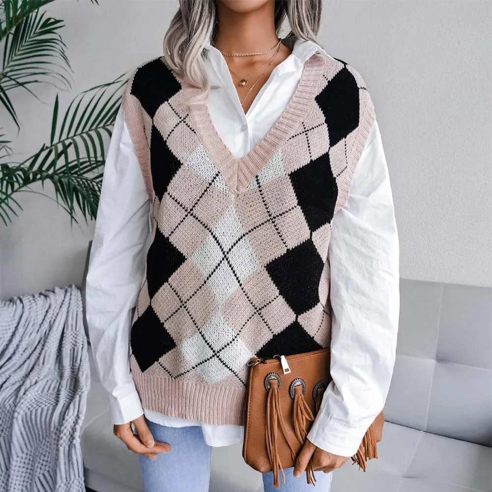 Women's V Neck Knit Sweater Vest Plaid Sleeveless Crop Knitwear Tank Pullover Top