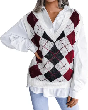 Women's V Neck Knit Sweater Vest Plaid Sleeveless Crop Knitwear Tank Pullover Top