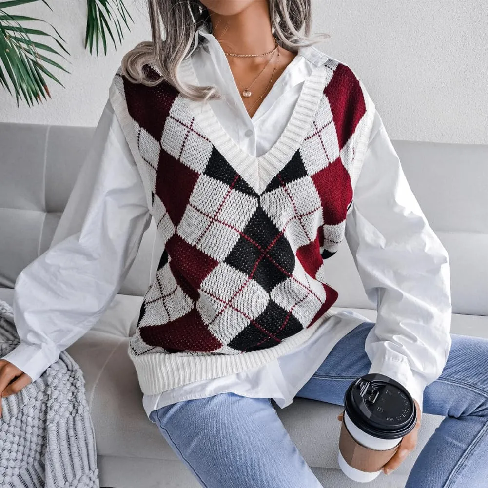 Women's V Neck Knit Sweater Vest Plaid Sleeveless Crop Knitwear Tank Pullover Top