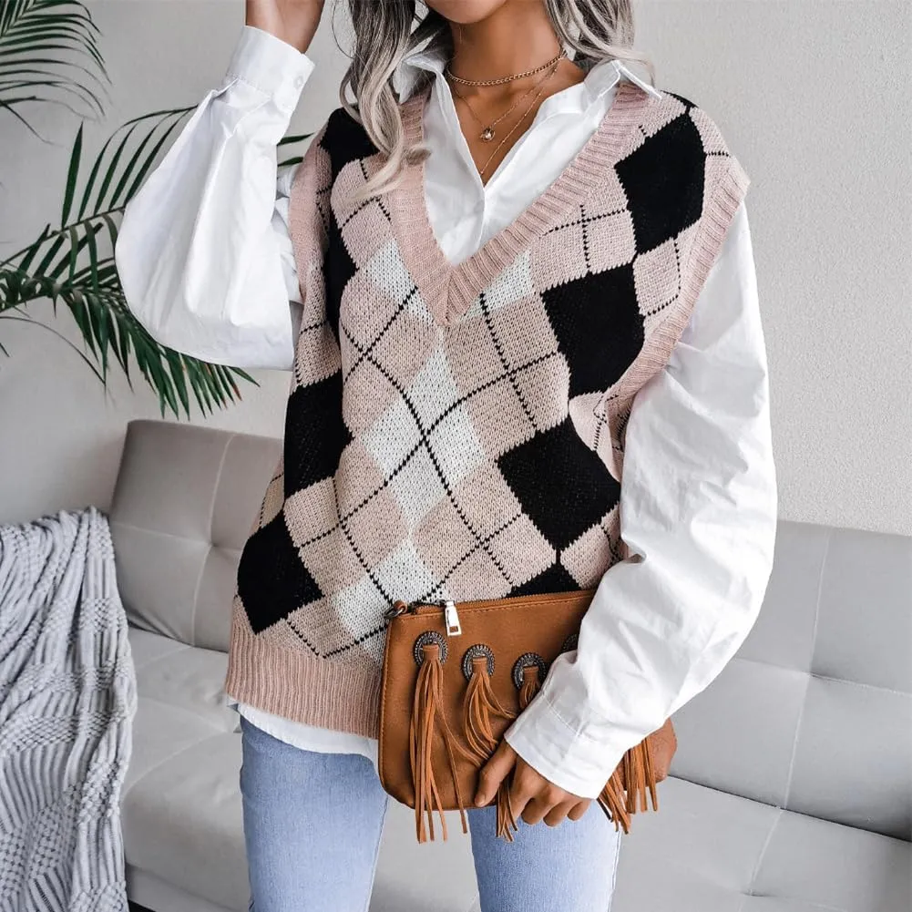 Women's V Neck Knit Sweater Vest Plaid Sleeveless Crop Knitwear Tank Pullover Top