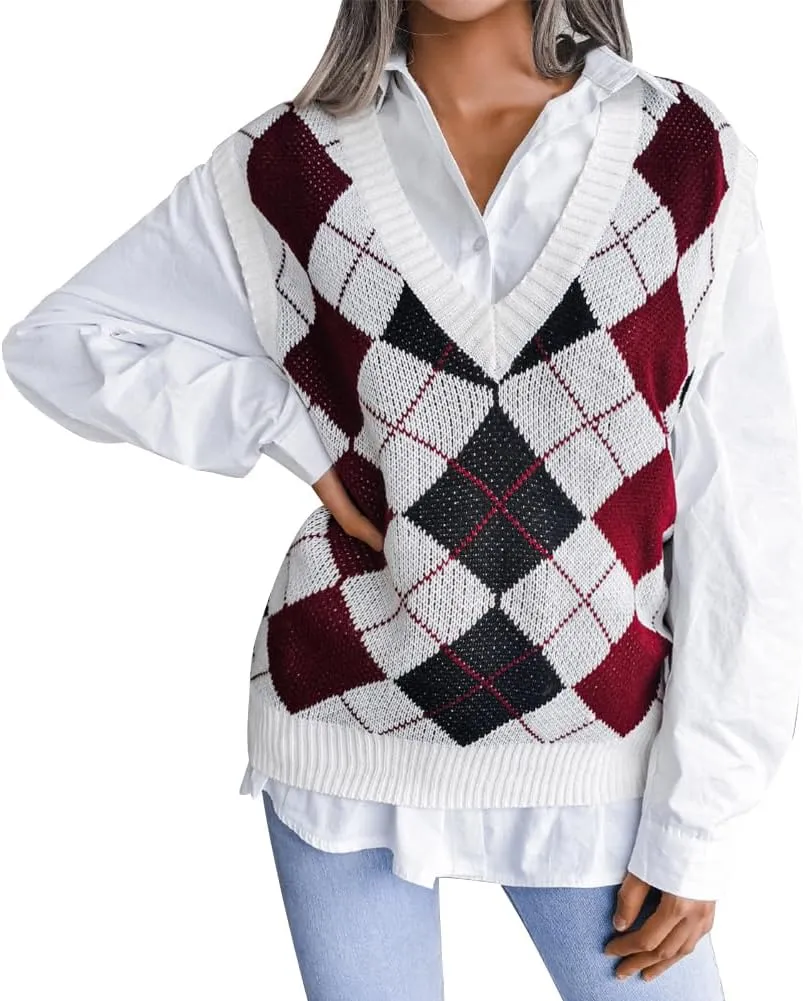 Women's V Neck Knit Sweater Vest Plaid Sleeveless Crop Knitwear Tank Pullover Top