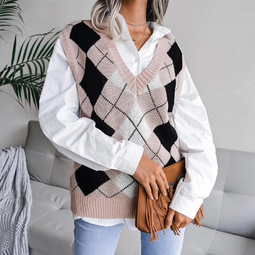 Women's V Neck Knit Sweater Vest Plaid Sleeveless Crop Knitwear Tank Pullover Top