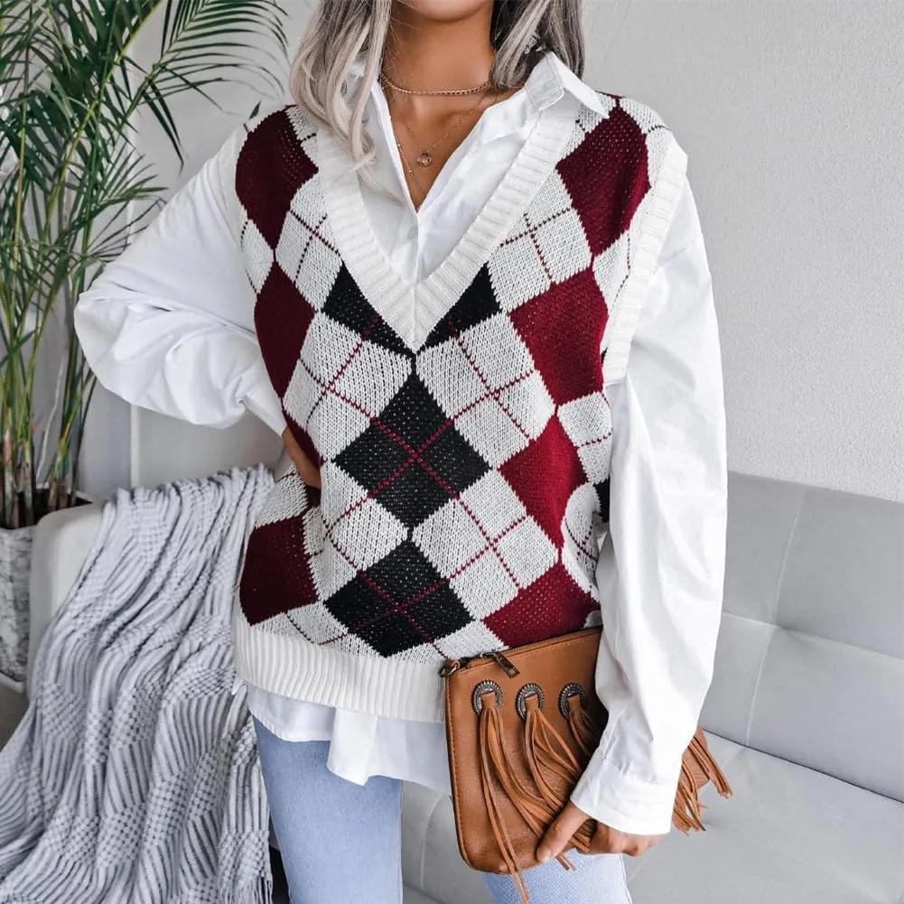 Women's V Neck Knit Sweater Vest Plaid Sleeveless Crop Knitwear Tank Pullover Top