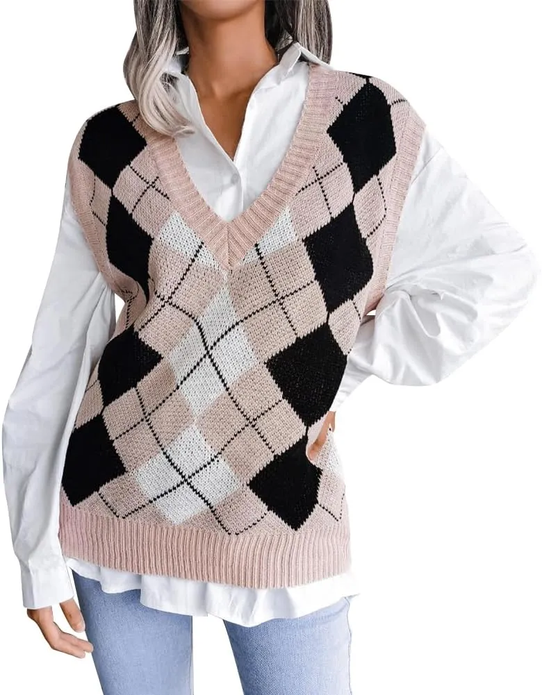 Women's V Neck Knit Sweater Vest Plaid Sleeveless Crop Knitwear Tank Pullover Top