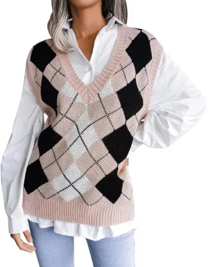 Women's V Neck Knit Sweater Vest Plaid Sleeveless Crop Knitwear Tank Pullover Top