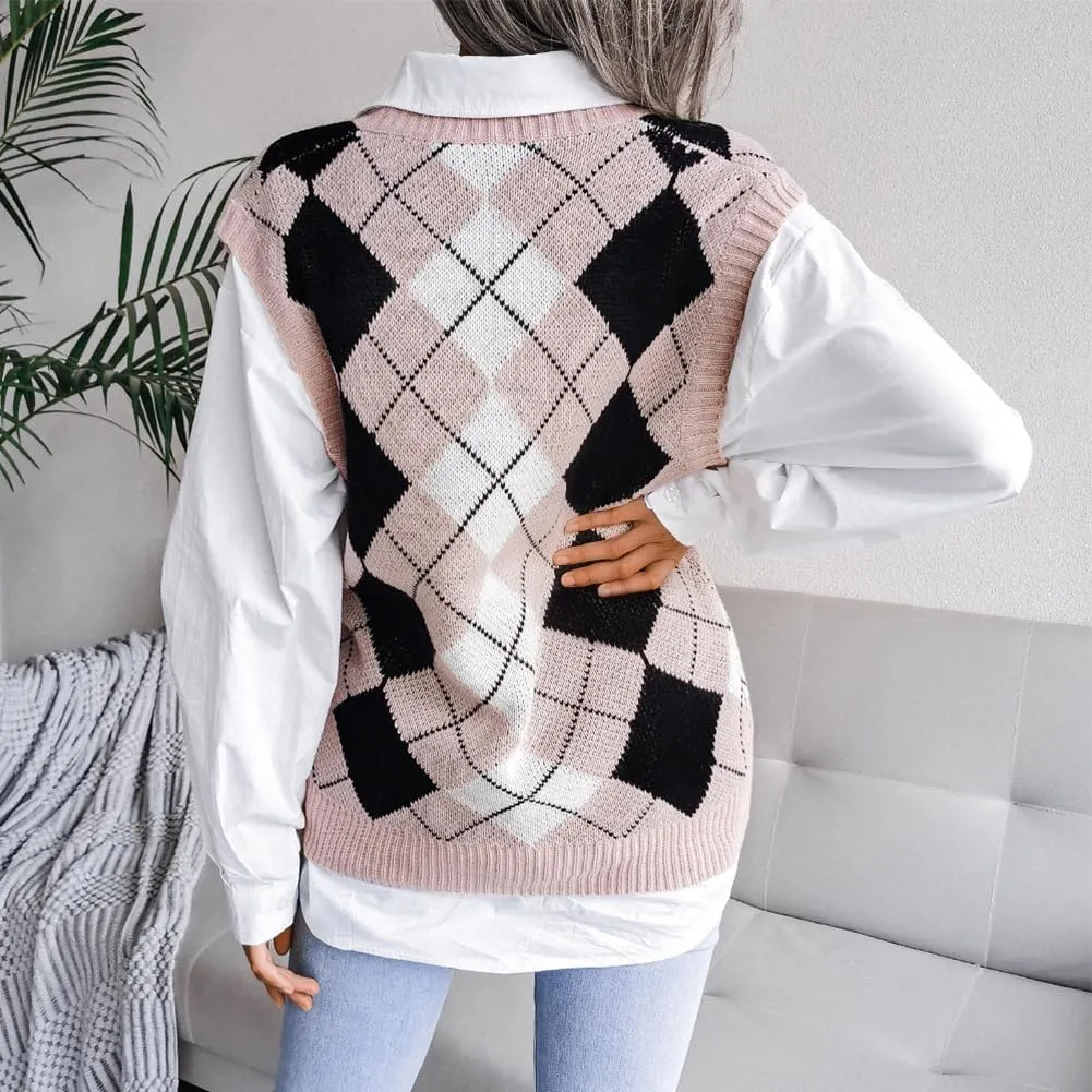 Women's V Neck Knit Sweater Vest Plaid Sleeveless Crop Knitwear Tank Pullover Top