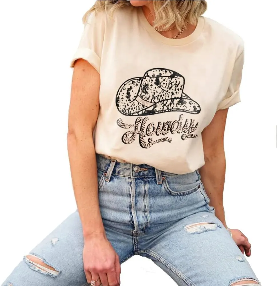 Women's Vintage Country Music Shirt Western Howdy Cowgirl Graphic Summer Music Party Tee