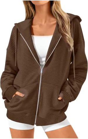 Womens Waffle Knit Hooded Jackets Full Zip Drawstring Hoodies Pullover Oversized Sweatshirt Trendy Fall Outfits