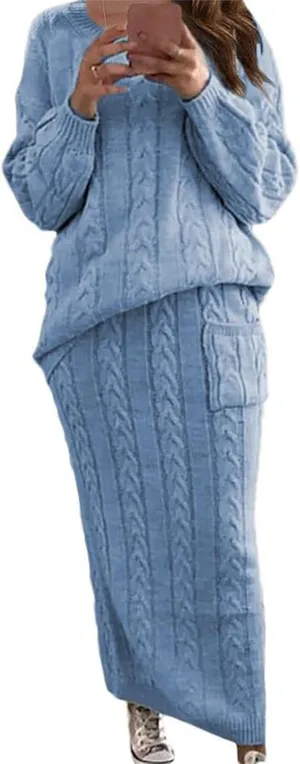 Women's Winter Chunky Cable Knit Set Long Sleeve Crew Neck Sweater Top & Long Pencil Skirt Sets Casual 2 Piece Outfits