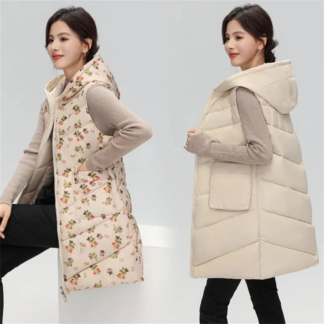 Womens Winter Down Cotton Vest Coat Long Hooded Cotton-Padded Waistcoat Sleeveless Reversible Padded Puffer Jackets