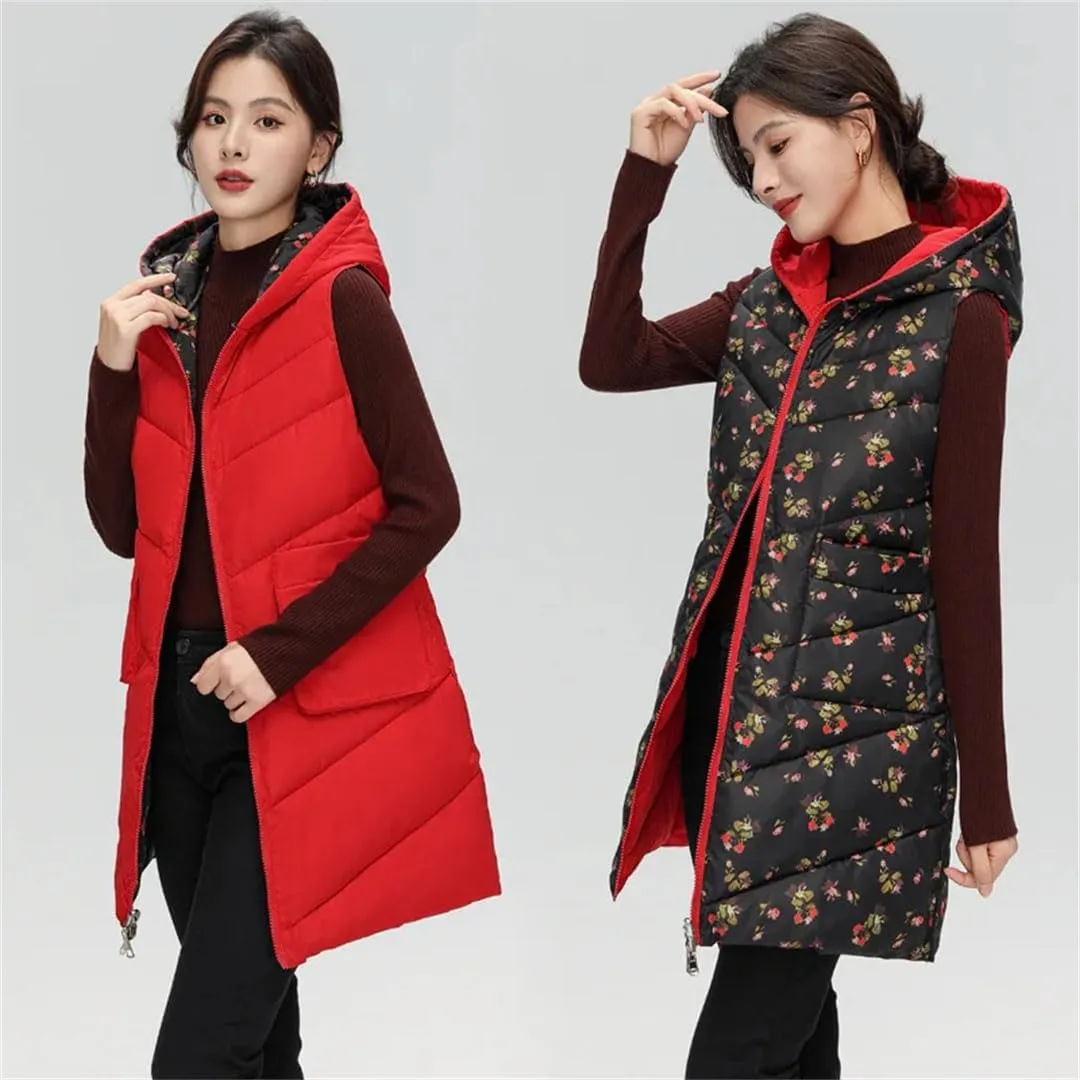 Womens Winter Down Cotton Vest Coat Long Hooded Cotton-Padded Waistcoat Sleeveless Reversible Padded Puffer Jackets
