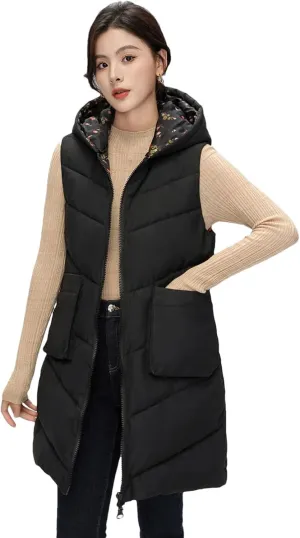 Womens Winter Down Cotton Vest Coat Long Hooded Cotton-Padded Waistcoat Sleeveless Reversible Padded Puffer Jackets