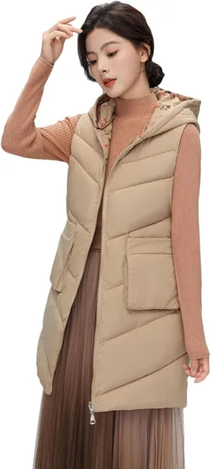 Womens Winter Down Cotton Vest Coat Long Hooded Cotton-Padded Waistcoat Sleeveless Reversible Padded Puffer Jackets