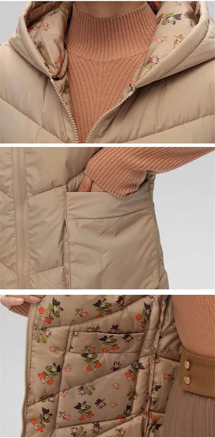 Womens Winter Down Cotton Vest Coat Long Hooded Cotton-Padded Waistcoat Sleeveless Reversible Padded Puffer Jackets