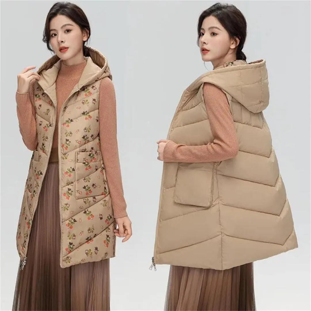 Womens Winter Down Cotton Vest Coat Long Hooded Cotton-Padded Waistcoat Sleeveless Reversible Padded Puffer Jackets
