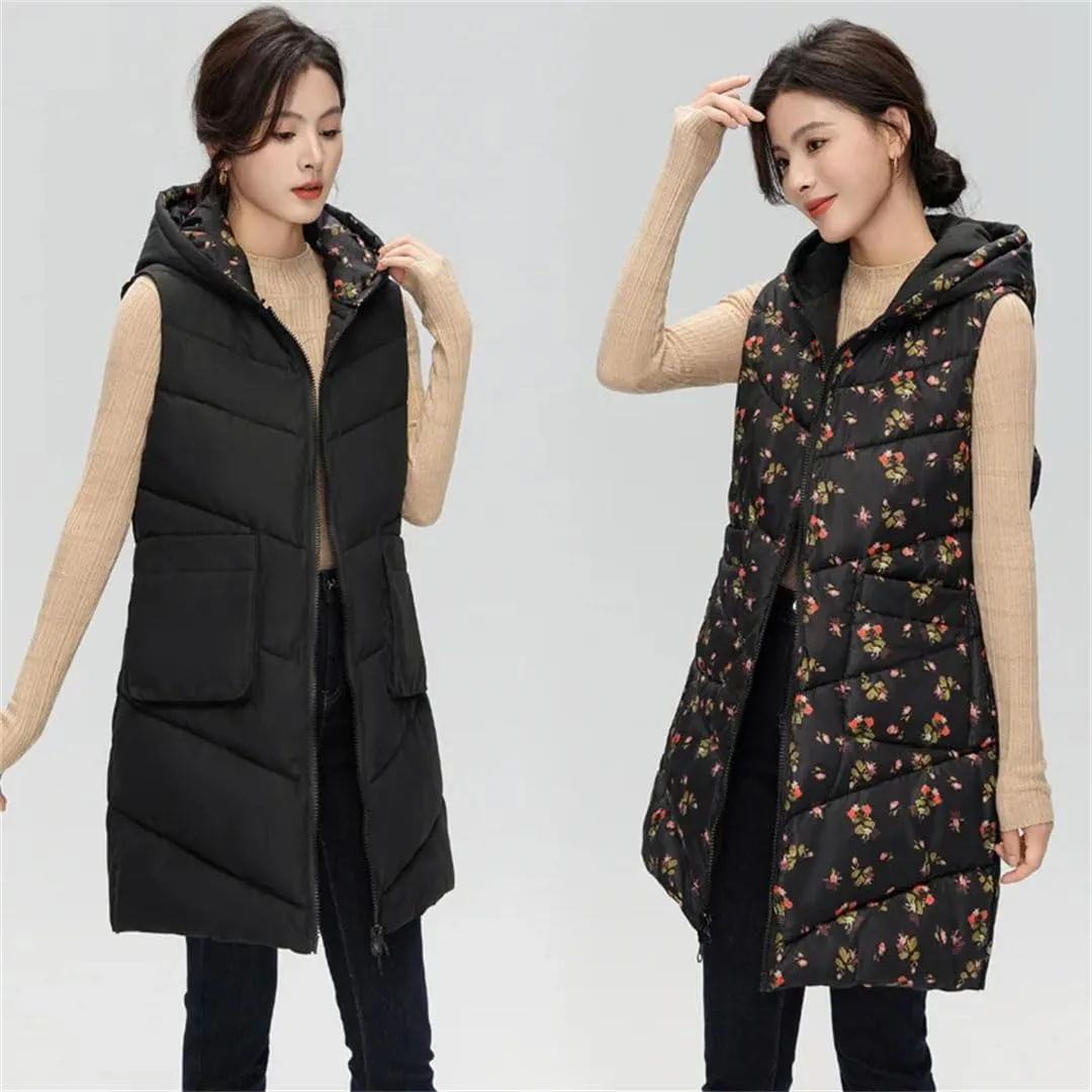 Womens Winter Down Cotton Vest Coat Long Hooded Cotton-Padded Waistcoat Sleeveless Reversible Padded Puffer Jackets