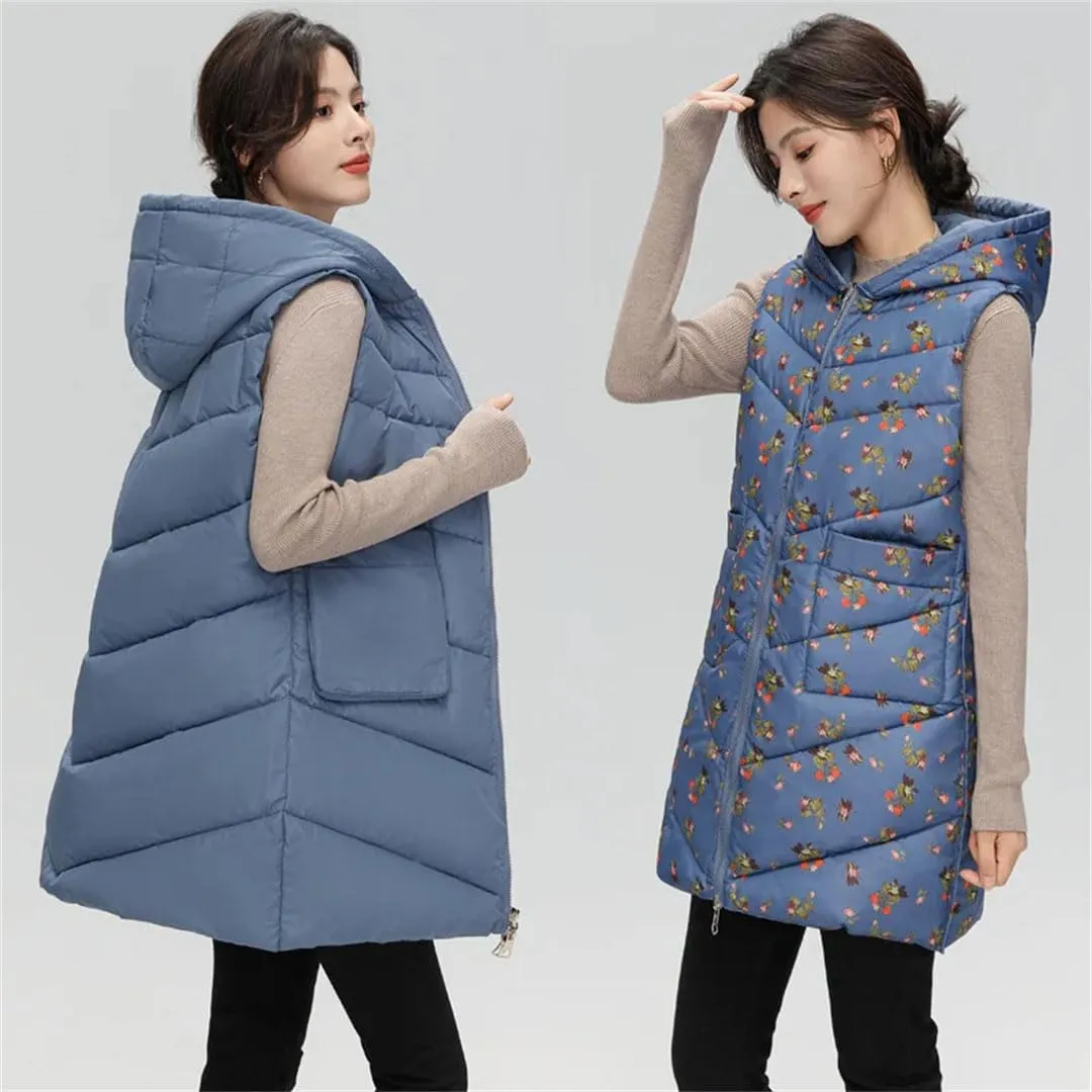 Womens Winter Down Cotton Vest Coat Long Hooded Cotton-Padded Waistcoat Sleeveless Reversible Padded Puffer Jackets