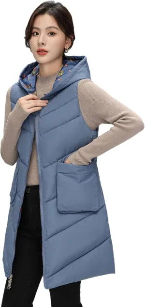 Womens Winter Down Cotton Vest Coat Long Hooded Cotton-Padded Waistcoat Sleeveless Reversible Padded Puffer Jackets