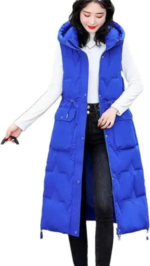 Women's Winter Hooded Down Cotton Waistcoat Loose Long Warm Cotton Vest Coat Sleeveless Padded Vests Overcoat