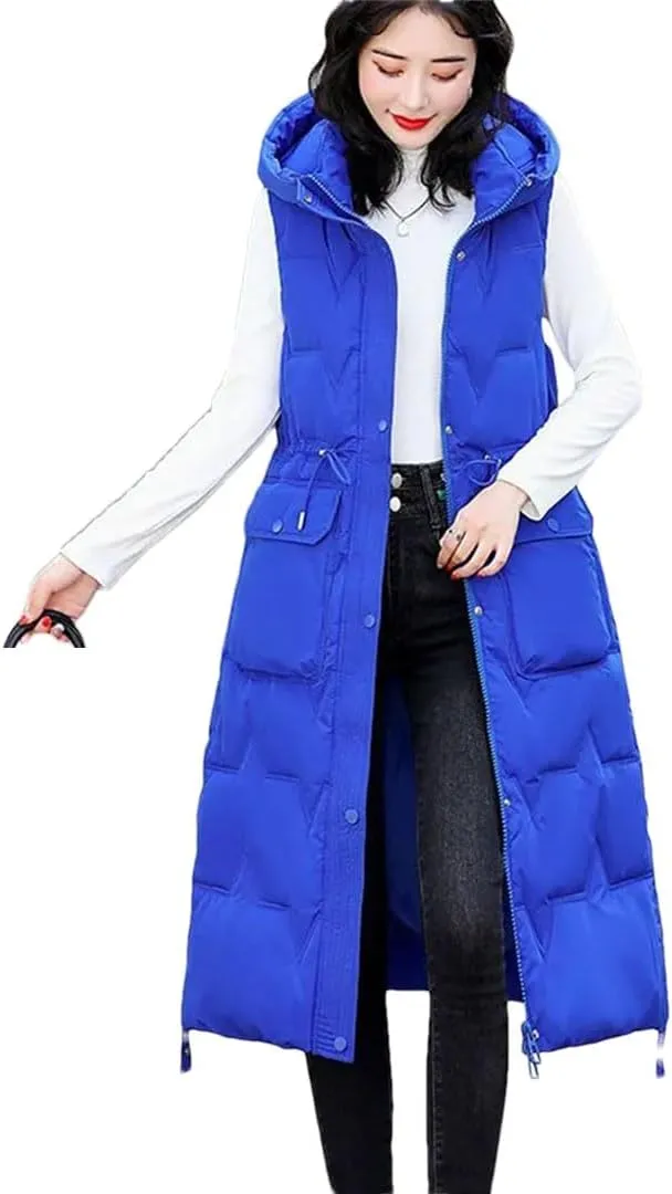 Women's Winter Hooded Down Cotton Waistcoat Loose Long Warm Cotton Vest Coat Sleeveless Padded Vests Overcoat