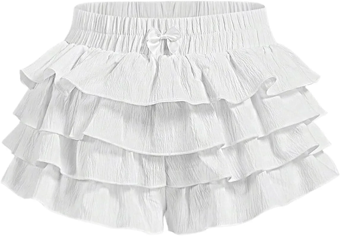 Women's Y2K Gingham Short Elastic Waist Bow Knot Shorts Tiered Layer Ruffle Mini Shorts