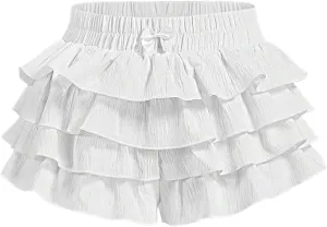 Women's Y2K Gingham Short Elastic Waist Bow Knot Shorts Tiered Layer Ruffle Mini Shorts