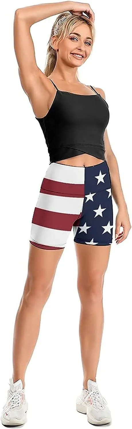 Women's Yoga Short High Waisted USA Flag 4th July Patriotic Shorts Cross Waist Workout Biker Running Sport Shorts