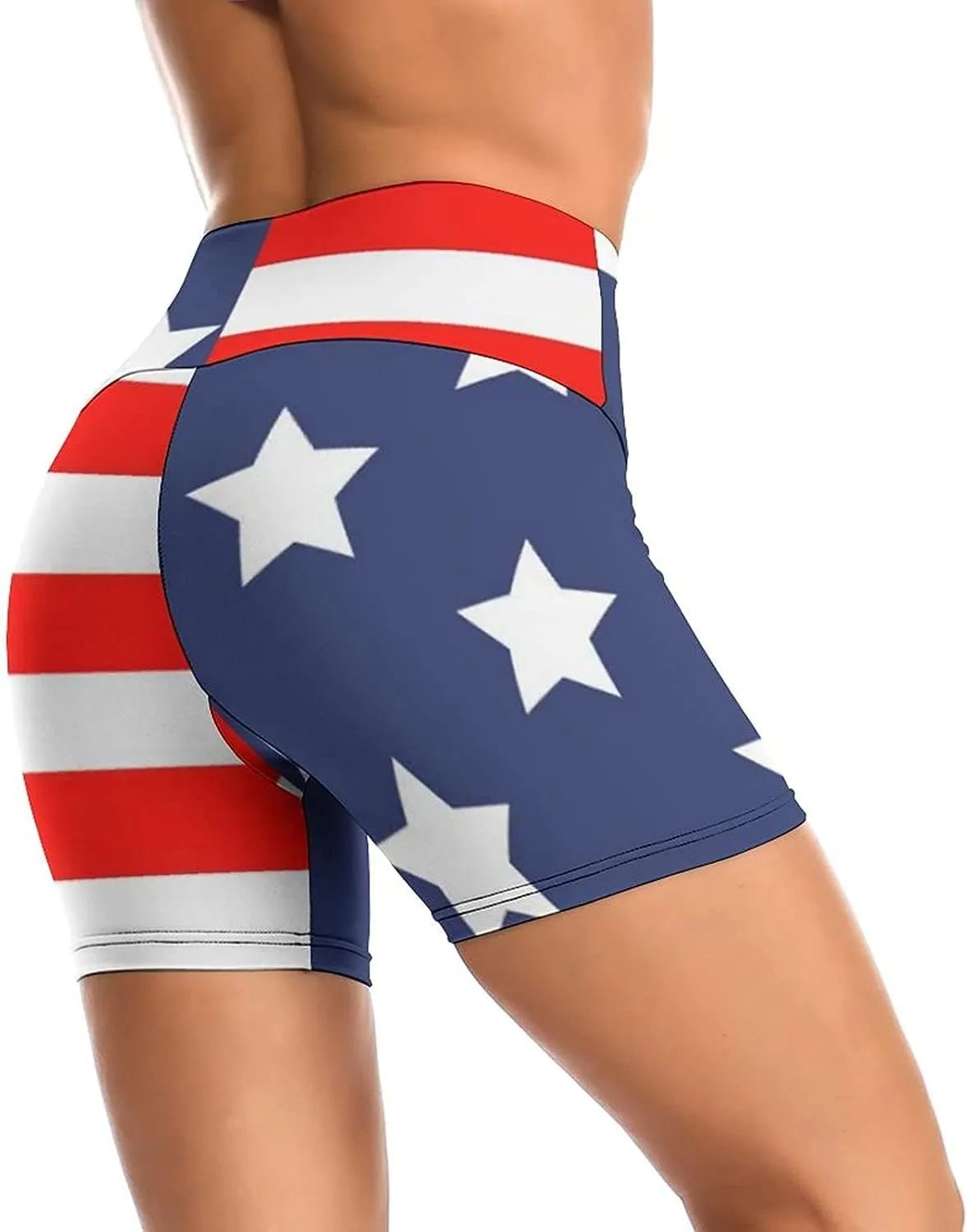 Women's Yoga Short High Waisted USA Flag 4th July Patriotic Shorts Cross Waist Workout Biker Running Sport Shorts