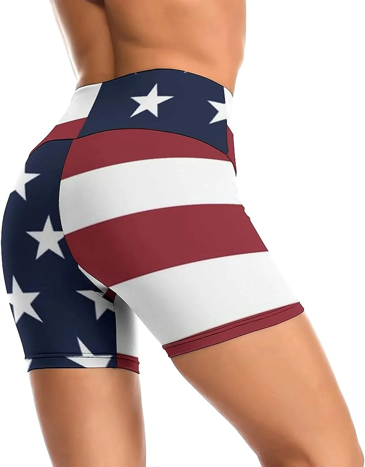 Women's Yoga Short High Waisted USA Flag 4th July Patriotic Shorts Cross Waist Workout Biker Running Sport Shorts