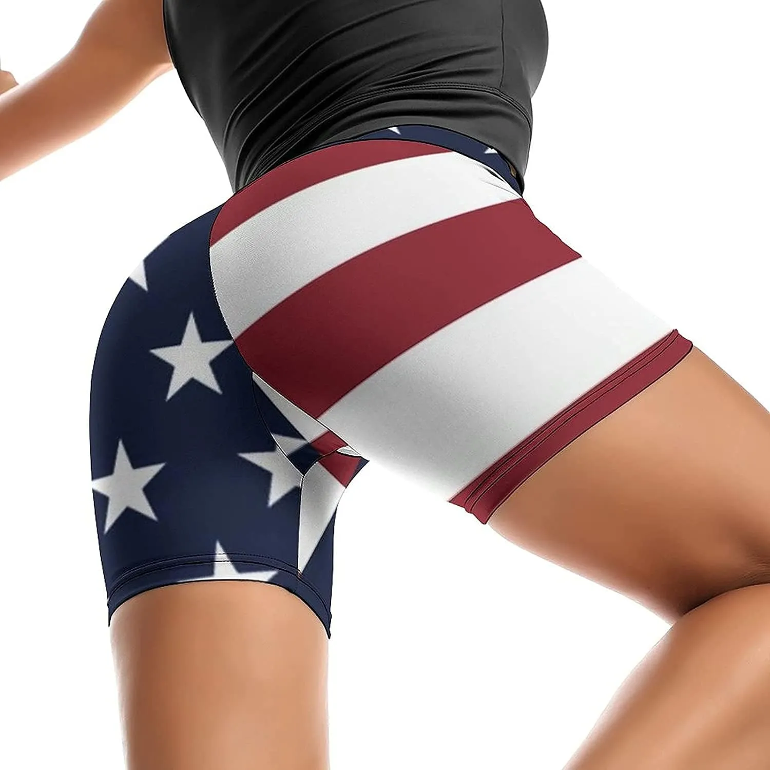 Women's Yoga Short High Waisted USA Flag 4th July Patriotic Shorts Cross Waist Workout Biker Running Sport Shorts
