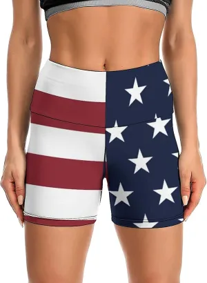 Women's Yoga Short High Waisted USA Flag 4th July Patriotic Shorts Cross Waist Workout Biker Running Sport Shorts