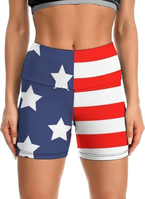 Women's Yoga Short High Waisted USA Flag 4th July Patriotic Shorts Cross Waist Workout Biker Running Sport Shorts