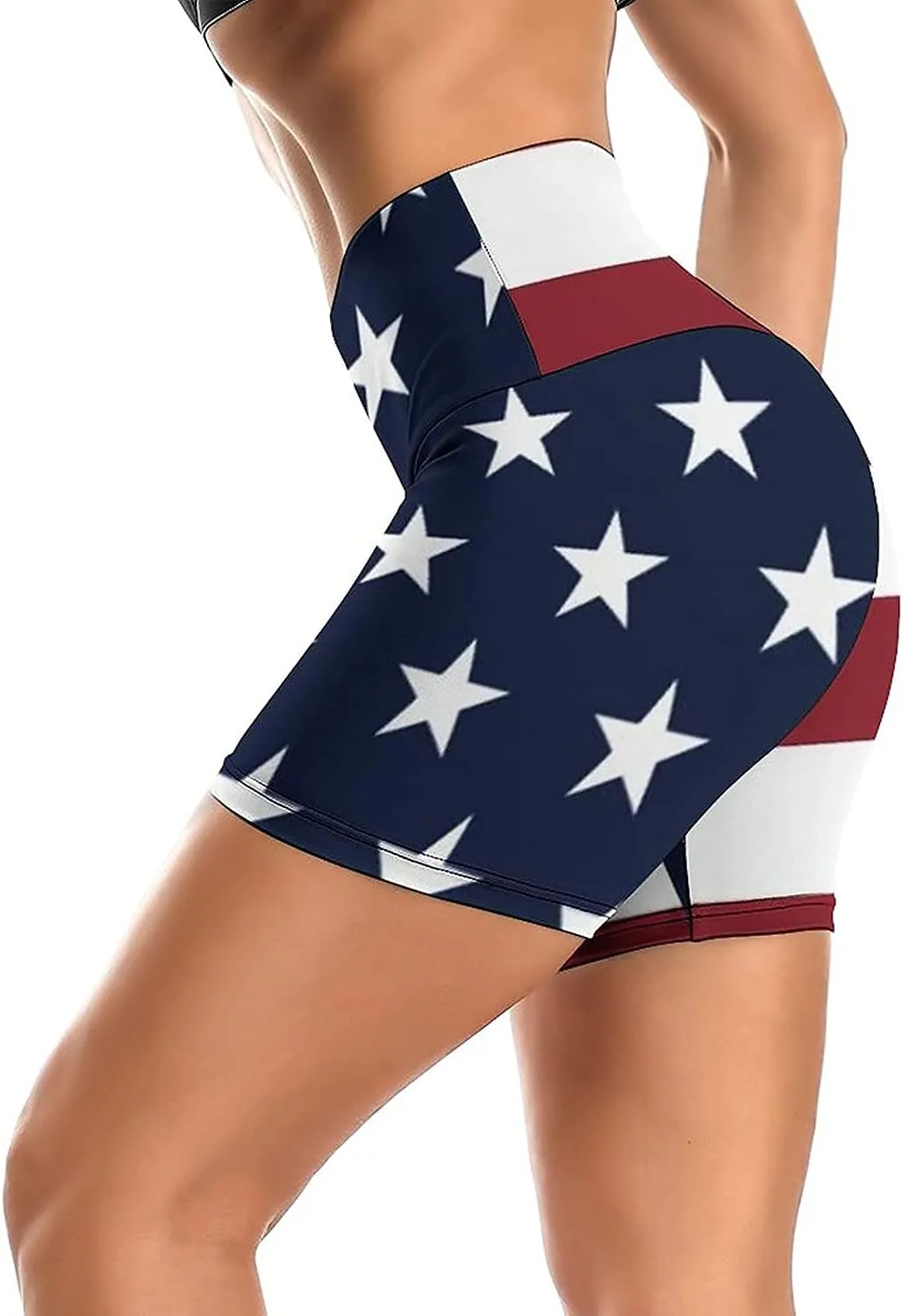 Women's Yoga Short High Waisted USA Flag 4th July Patriotic Shorts Cross Waist Workout Biker Running Sport Shorts