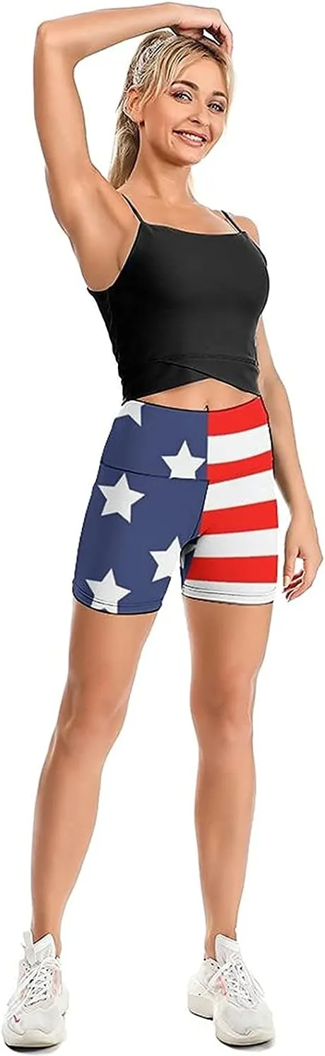 Women's Yoga Short High Waisted USA Flag 4th July Patriotic Shorts Cross Waist Workout Biker Running Sport Shorts