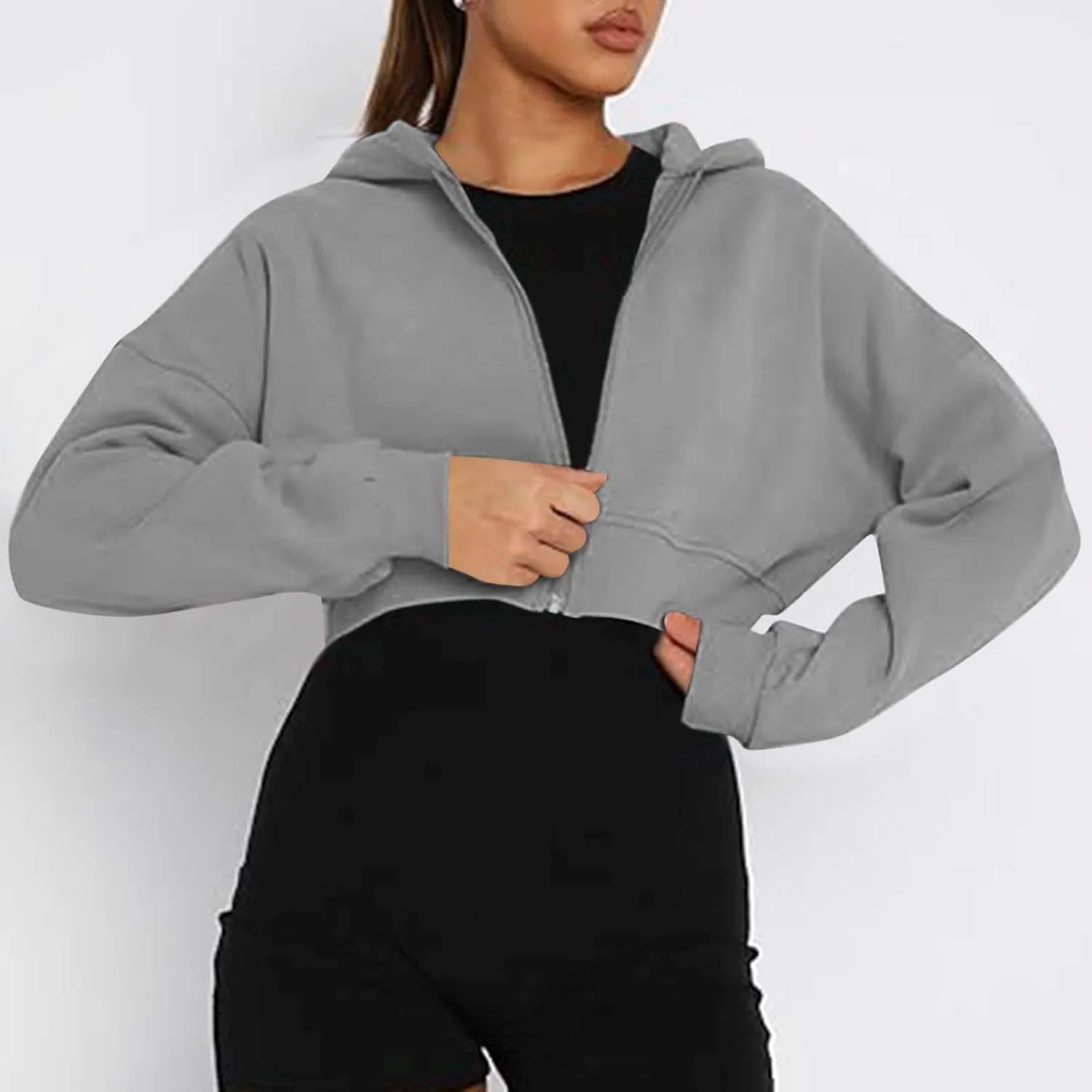 Womens Zip Up Cropped Sweatshirts Hoodie Long Sleeve Jacket Trendy Y2K Crop Tops 2024 Fashion Outfits Clothing