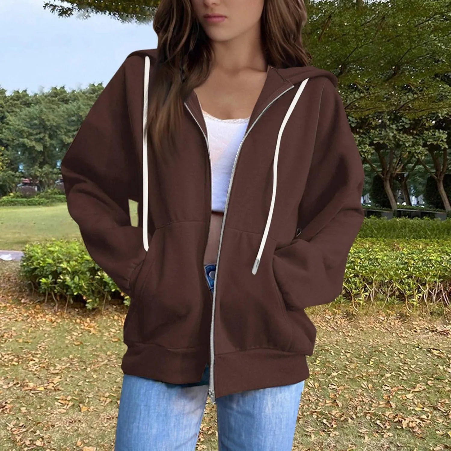 Womens Zip Up Hoodies Casual Long Sleeve Hoodie Jacket Oversized Lightweight Pullover Sweatshirts Tops with Pocket