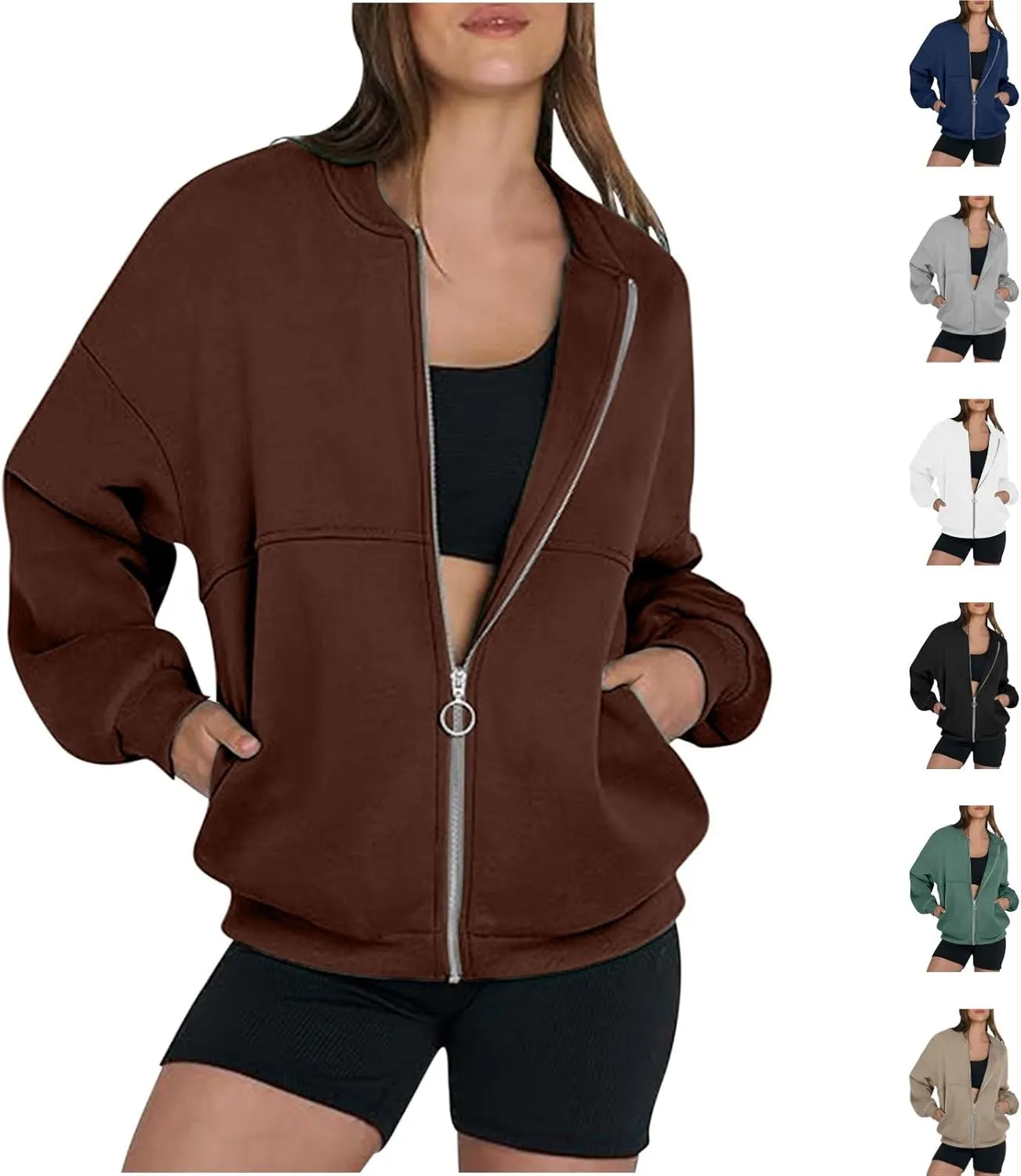 Women's Zip Up Oversized Hoodies Fall Long Sleeve Crewneck Sweatshirts Fleece Lined Loose Pullover Tops Jackets 2024