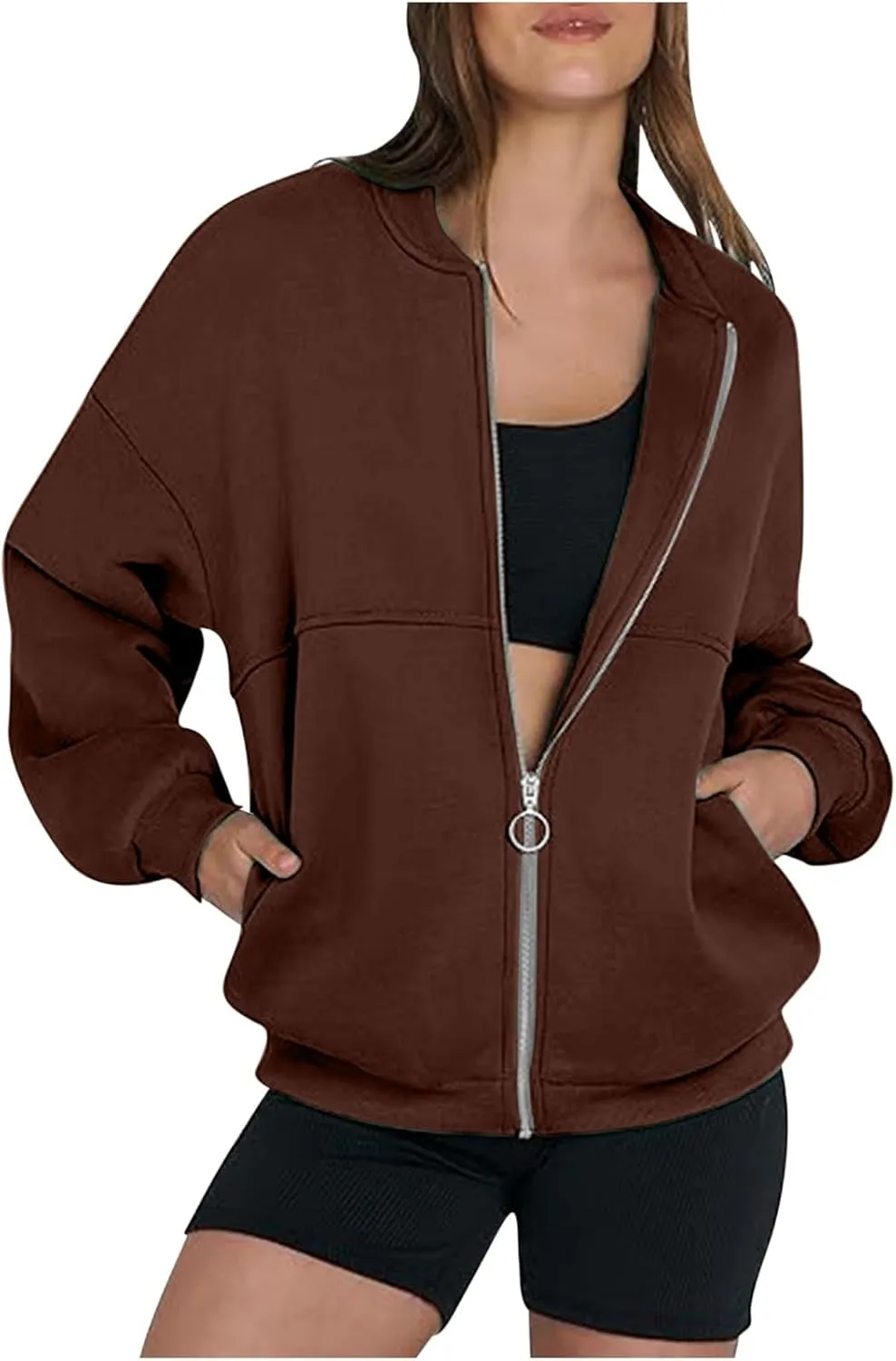 Women's Zip Up Oversized Hoodies Fall Long Sleeve Crewneck Sweatshirts Fleece Lined Loose Pullover Tops Jackets 2024