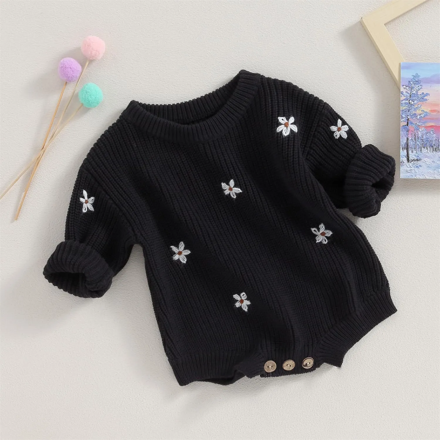 woshilaocai Baby Boy Girl Sweater Oversized Long Sleeve Romper Warm Crewneck Bodysuit Knitted Winter Clothes