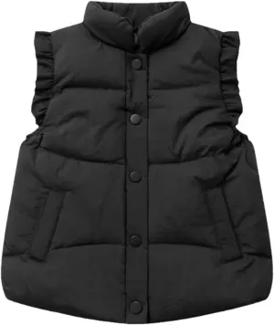 Wyeysyt Toddler Girls Ruffle Puffer Vest Button Sleeveless Padded Gilet Winter Cute Jackets Outwear 4-7 Years